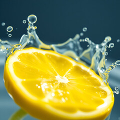 Macro high speed photo of lemon slice splashing into refreshing clear liquid. JPEG,  2.9MB, 12x12in, 3600x3600px, 300p/i
