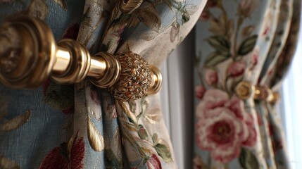 Elegant floral drapes held by an ornate gold tieback bring a touch of classic sophistication to any room. Interior design element.