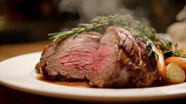 Close up of a roast beef dinner with carrots and potatoes on a white plate with herbs garnish
