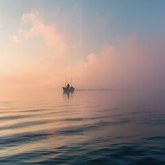 Fototapeta premium Fishing boat floating in calm water surrounded by morning fog 