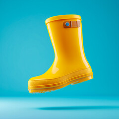 Single yellow rubber boot on a bright blue background.