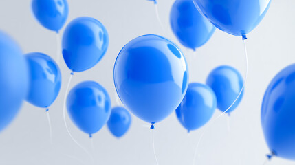 Many blue balloons floating against a white background. 