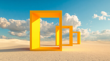 Yellow geometric frames standing in a sandy desert.