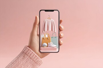 Ilustración sobre una mano sosteniendo un teléfono con compras online.