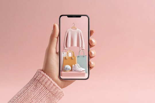 Ilustraci&oacute;n sobre una mano sosteniendo un tel&eacute;fono con compras online.