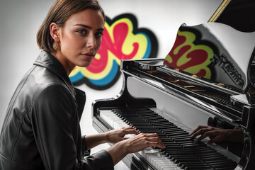 Young woman playing piano with colorful graffiti background