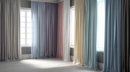 Fototapeta premium Array of full-length curtains with gentle hues of beige, purple, pink, white, blue, light blue, and black, hung near the bright windows.