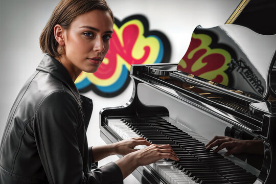 Young woman playing piano with colorful graffiti background