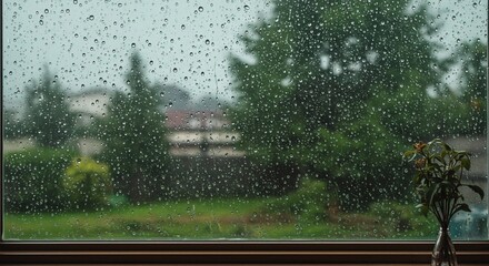 Obraz premium Rainy Day View Through Windowpane: Raindrops Adorn Glass, Blurred Green Garden and Houses in Background, Peaceful Atmosphere