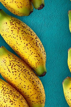 Pl&aacute;tanos, canarios sobre un fondo verde, con pintas negritas cuando est&aacute;n maduros.