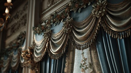 Obraz premium Luxurious curtains adorn a window with intricate designs and gold trim, evoking a sense of opulence and sophistication in the space.