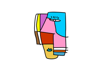 A modern cubist artwork featuring an abstract human face constructed from colorful geometric shapes.