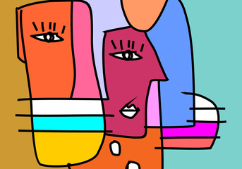 modern cubism illustration of abstract human faces merged into one composition.