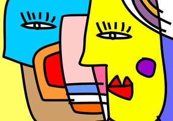 modern cubism illustration of abstract human faces merged into one composition.