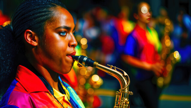 Saxophone player performing with colorful attire