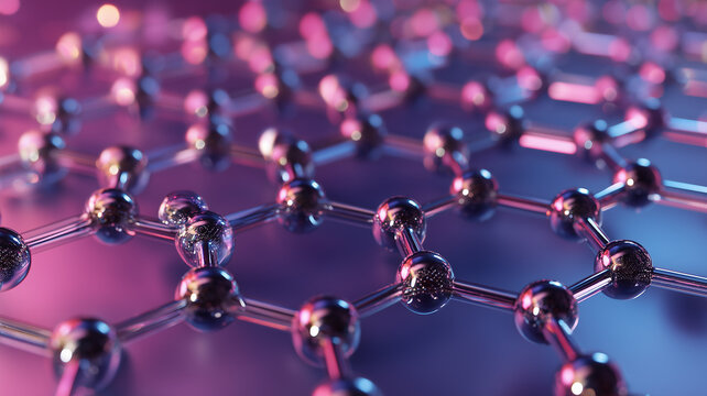 A futuristic molecular nanotechnology concept featuring a glowing hexagonal lattice of transparent atoms set against a vibrant purple-blue gradient, symbolizing advanced chemistry 