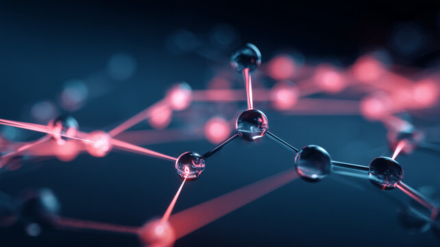 A dynamic molecular network concept with luminous pink connections linking clear atomic spheres over a deep blue backdrop, representing high-speed data transmission and cutting-edge nanoscience.
