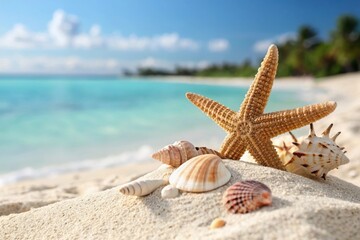 Starfish And Seashells On Sandy Beach With Turquoise Water ocean