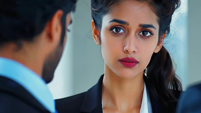 Focused Professional Stance: A composed, assertive woman in a business attire is engaged in a serious discussion, conveying intelligence and confidence.