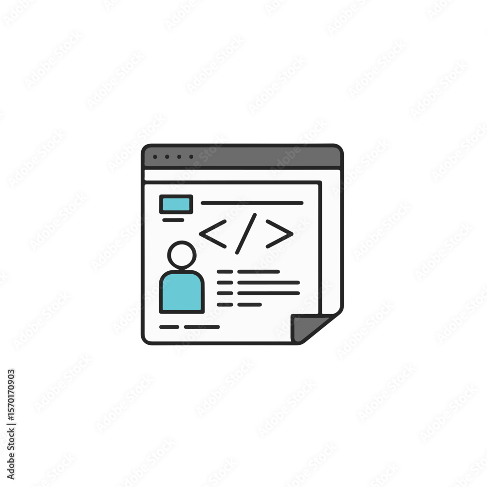 Poster illustration of a user profile page featuring coding elements and a person icon, symbolizing online 