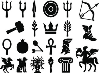 Ancient Mythology Icons. Bold Black Silhouettes of Greek and Roman Symbols, Gods, Goddess, Heroes and Legendary Objects in Solid Vector Style Editable Icon Set Collection.