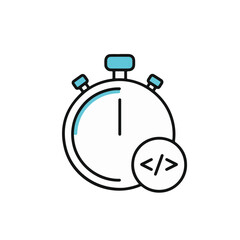 A stopwatch icon represents time and code integration.