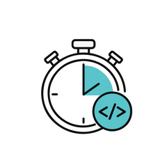 Efficient time management and coding concept in a visual representation, featuring a stopwatch and a coding symbol.