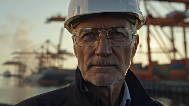 A hyper-realistic, cinematic, slow-motion video of a mid age prestigious engineer, using aviator glasses, supervising port infraestructure, with state-of-the-art maritime crane equipment, at a maritim