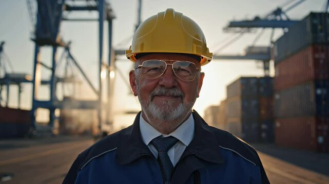 A hyper-realistic, cinematic, slow-motion video of a mid age prestigious engineer, using aviator glasses, supervising port infraestructure, with state-of-the-art maritime crane equipment, at a maritim
