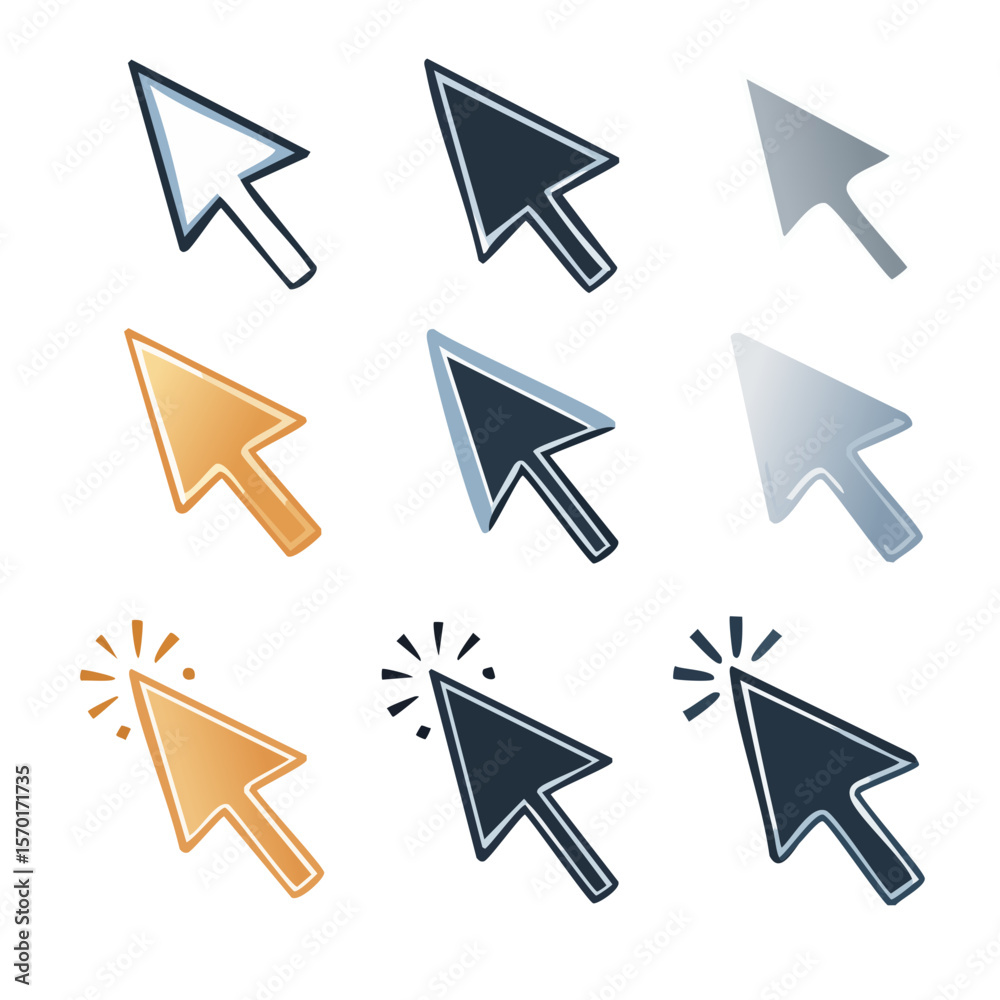 Poster Collection of computer mouse cursors pointers with click effect digital user interface design graphic resource elements