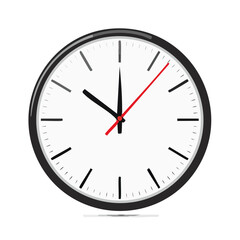 Analog wall clock with black frame, white face, and red second hand marking time