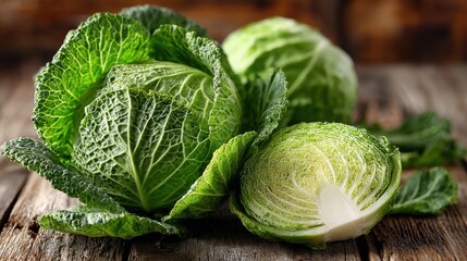 Fototapeta premium Freshly harvested green cabbage sits on a rustic wooden surface, revealing vibrant textures and colors. The whole cabbages and a sliced section display their crisp, leafy structure.