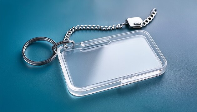 empty clear plastic rectangle keychain fob with metal split ring and chain ready for customization