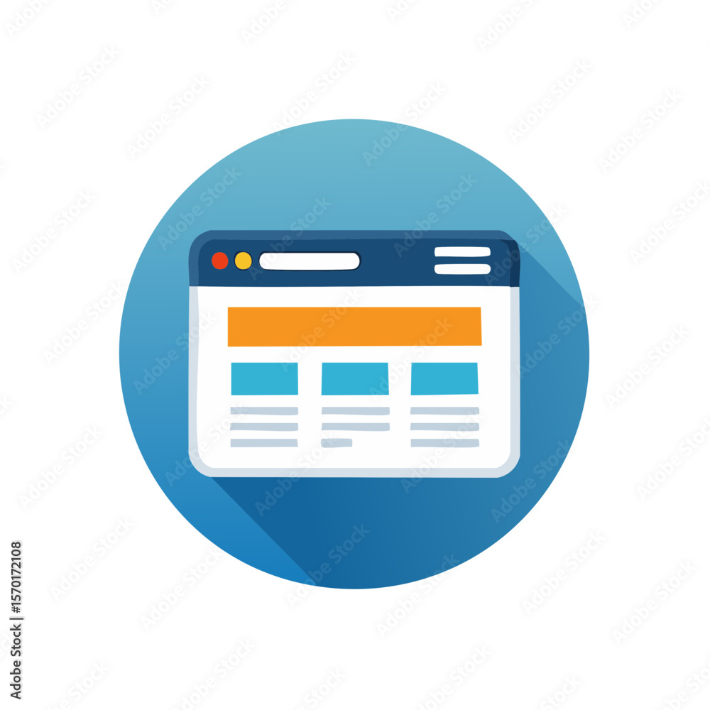 Poster website template design in flat style presenting responsive layout and development on round backgrou
