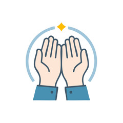 Obraz premium Praying hands vector illustration with shining star and blue circular detail on black background.