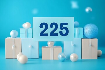 Número, ano 2025 escrito em caixas de papelão ordenadas em linha fundo azul claro tons pasteis. Barra de carregamento. Final de ano, festas, metas.

