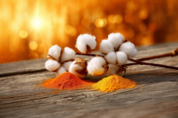 Cotton plant with piles of turmeric and yellow powder on wooden table  