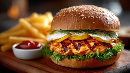 A grilled chicken burger is presented in a sesame seed bun, layered with fresh veggies and accompanied by crispy fries and a small bowl of ketchup, creating a satisfying meal.