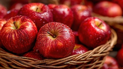 Red apples displaying droplets of water rest in a woven basket at a vibrant farmer's market. The rich colors of autumn surround the fresh produce, inviting shoppers to enjoy the season's bounty.