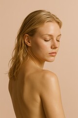 Young caucasian female with closed eyes on beige background reflecting calmness and serenity