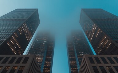 Fototapeta premium Toronto skyscrapers disappearing into atmospheric fog offer a striking architectural skyline view from below at dusk.