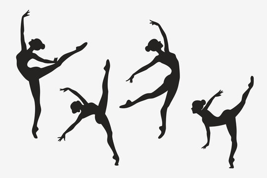 Elegant ballet dancers in silhouette performing graceful poses isolated on white background