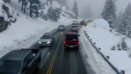 A red pickup truck and other vehicles cautiously navigate a winding, snowy mountain road through dense fog, surrounded by snow-covered trees and rocky cliffs, emphasizing challenging 