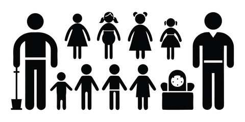 Diverse group of stylized people figures representing family and community relationships isolated on white background