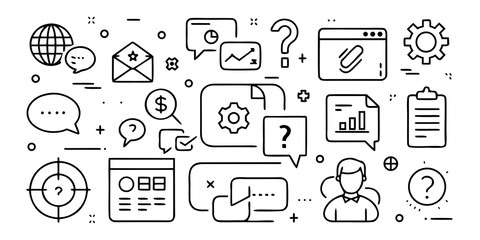 Collection of hand drawn business and finance icons representing strategy communication and analysis isolated on white background