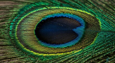 Close-up of a peacock feather, vivid blue and green colors with intricate patterns, soft light enhancing details, minimal background, macro photography style.