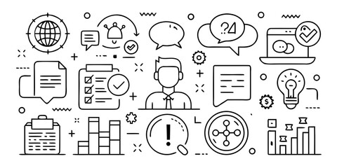 Collection of business and communication icons representing ideas and workflow isolated on white background
