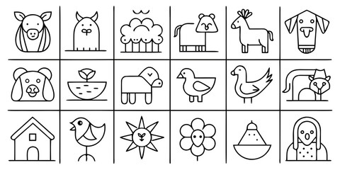 Collection of simple line art icons featuring farm animals and nature elements isolated on white background