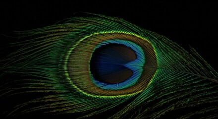 Obraz premium Close-up of a peacock feather with vivid blue, green, and gold hues against a black background, emphasizing the intricate eye pattern and delicate texture.