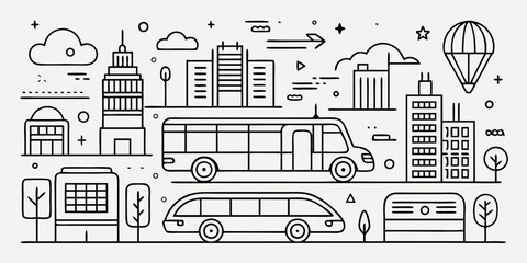 Stylized line art cityscape featuring buses buildings clouds and a hot air balloon isolated on white background